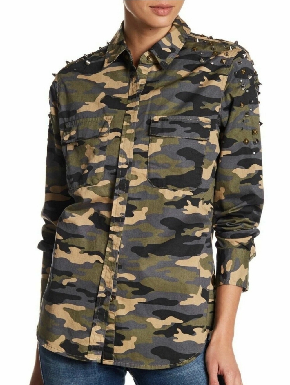 True Religion Studded Camouflage Blouse Shirt Top Sz XS Moto Military Maximalist